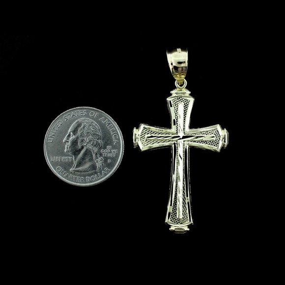 Real 10K Yellow Gold Large Diamond Cut Cross Pendant - Picture 3 of 8